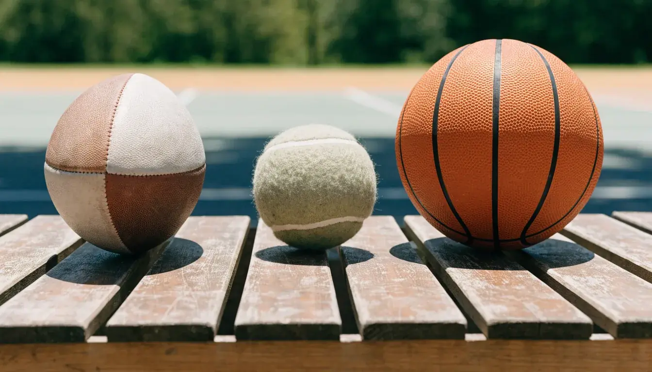 Três bolas de desportos diferentes alinhadas lado a lado num banco de madeira