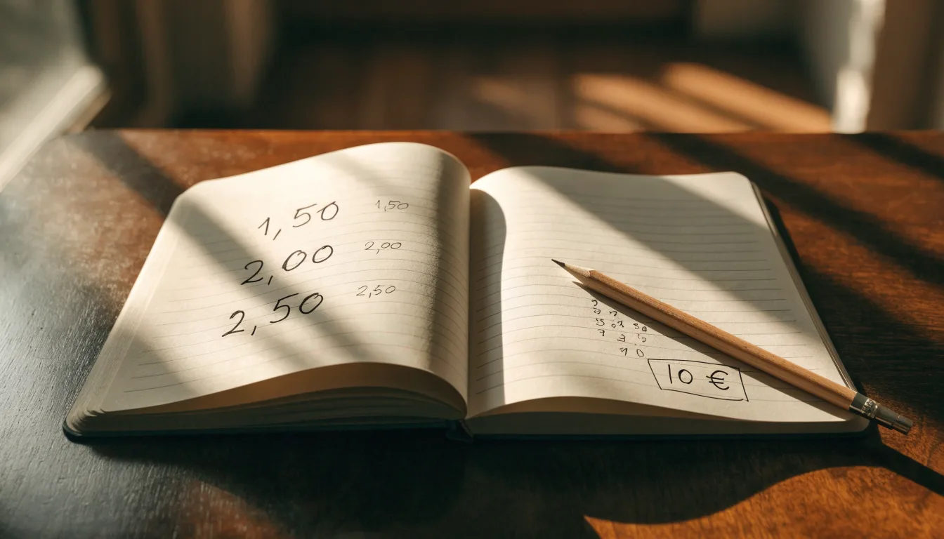 Um caderno aberto com cotas escritas à mão, uma calculadora e um lápis sobre uma mesa de madeira