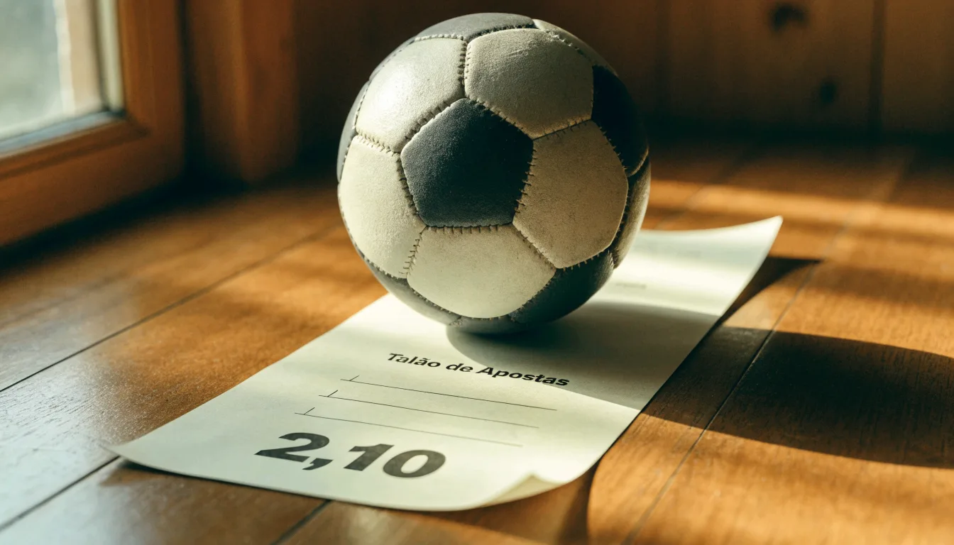 Uma bola de futebol pousada sobre um talão de apostas em branco numa mesa de madeira, à luz do dia